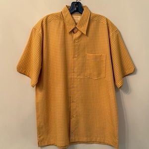 Ferruche Shirt Dark Yellow Blue Plaid Short Sleeve Pocket Cotton Logo Mens XL